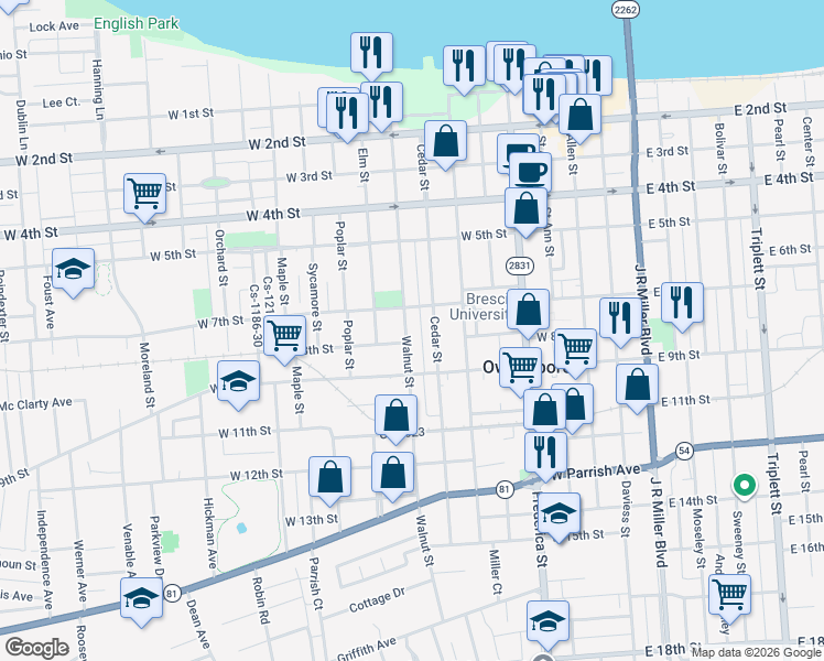 map of restaurants, bars, coffee shops, grocery stores, and more near 731 Walnut Street in Owensboro