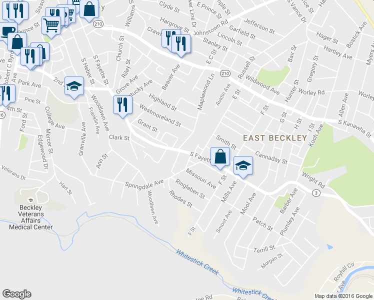 map of restaurants, bars, coffee shops, grocery stores, and more near 913 South Fayette Street in Beckley