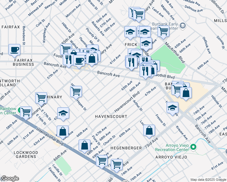 map of restaurants, bars, coffee shops, grocery stores, and more near 2512 64th Avenue in Oakland