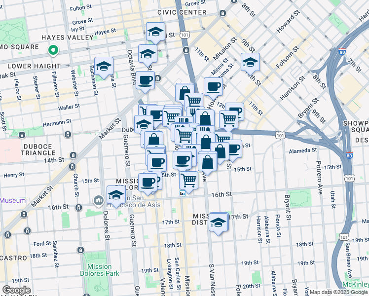 map of restaurants, bars, coffee shops, grocery stores, and more near 280 14th Street in San Francisco