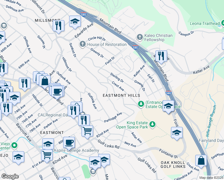 map of restaurants, bars, coffee shops, grocery stores, and more near 7883 Sunkist Drive in Oakland