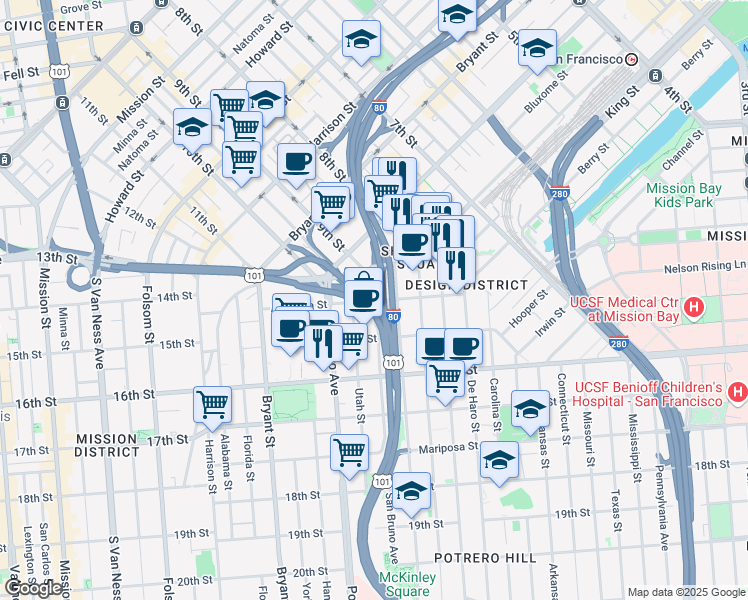 map of restaurants, bars, coffee shops, grocery stores, and more near 2164 Alameda Street in San Francisco