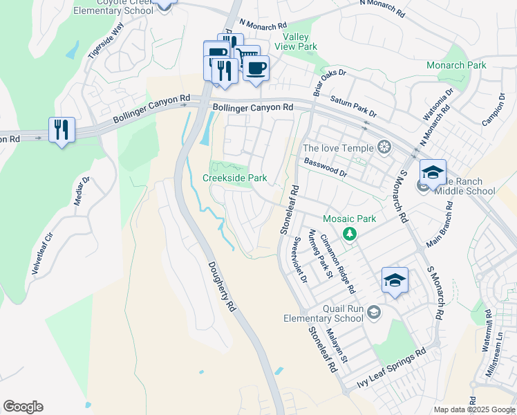 map of restaurants, bars, coffee shops, grocery stores, and more near 5116 Whetstone Way in San Ramon