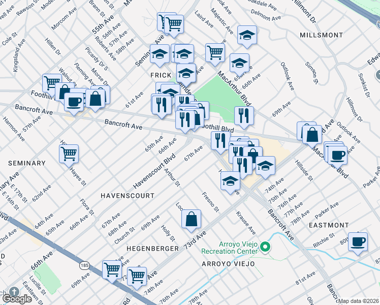 map of restaurants, bars, coffee shops, grocery stores, and more near 2689 67th Avenue in Oakland