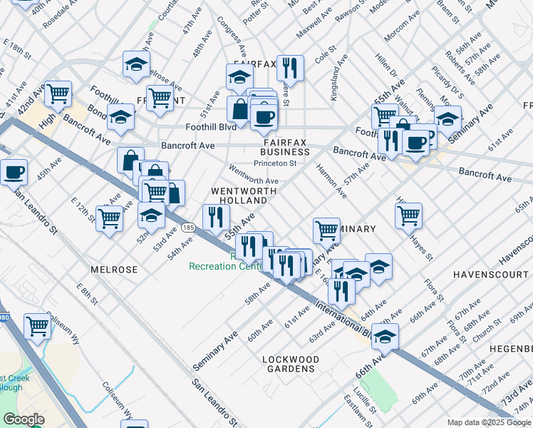 map of restaurants, bars, coffee shops, grocery stores, and more near 5535 East 17th Street in Oakland