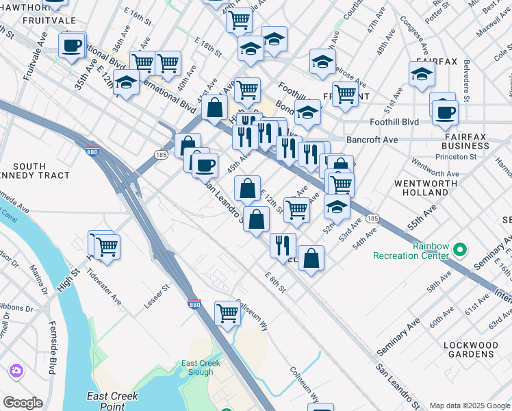 map of restaurants, bars, coffee shops, grocery stores, and more near 1050 47th Avenue in Oakland