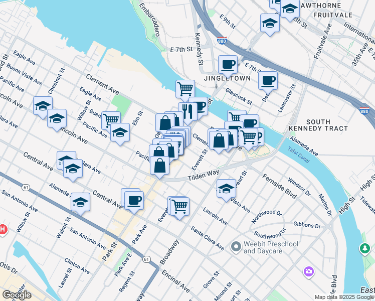 map of restaurants, bars, coffee shops, grocery stores, and more near 2417 Eagle Avenue in Alameda