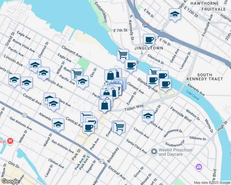 map of restaurants, bars, coffee shops, grocery stores, and more near 1650 Park Street in Alameda