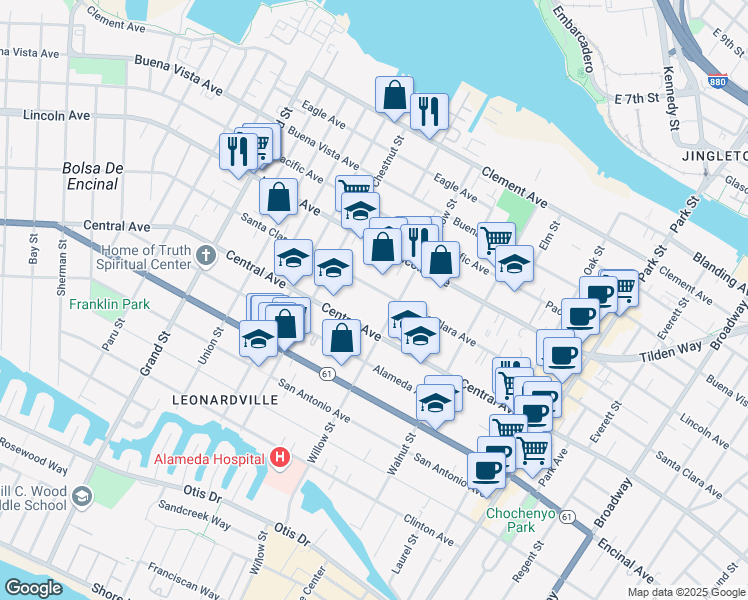 map of restaurants, bars, coffee shops, grocery stores, and more near 2056 Santa Clara Avenue in Alameda