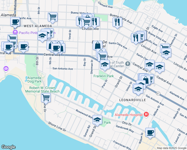 map of restaurants, bars, coffee shops, grocery stores, and more near 1236 Sherman Street in Alameda