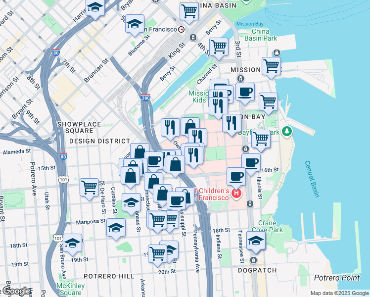 map of restaurants, bars, coffee shops, grocery stores, and more near 360 3rd Street in San Francisco