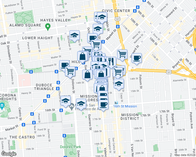 map of restaurants, bars, coffee shops, grocery stores, and more near in San Francisco