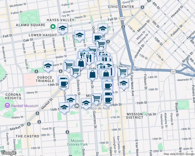 map of restaurants, bars, coffee shops, grocery stores, and more near 85B-B Brosnan Street in San Francisco