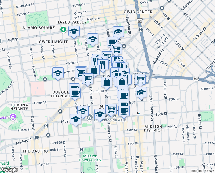 map of restaurants, bars, coffee shops, grocery stores, and more near 85B-B Brosnan Street in San Francisco
