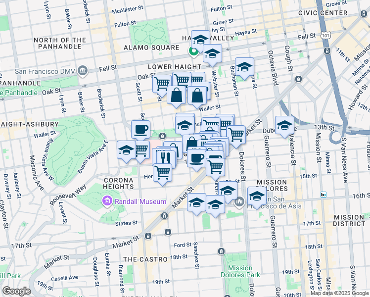 map of restaurants, bars, coffee shops, grocery stores, and more near 44 Sanchez Street in San Francisco
