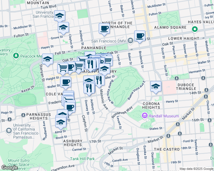 map of restaurants, bars, coffee shops, grocery stores, and more near 771 Buena Vista Avenue West in San Francisco