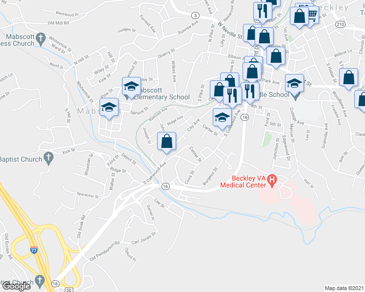 map of restaurants, bars, coffee shops, grocery stores, and more near 207 Charles Street in Beckley