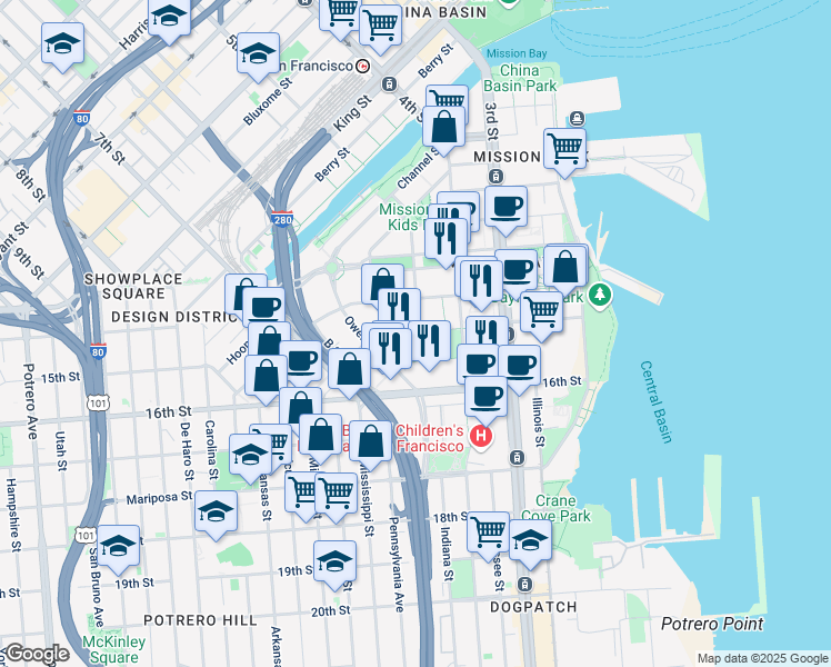 map of restaurants, bars, coffee shops, grocery stores, and more near 1675 Owens Street in San Francisco