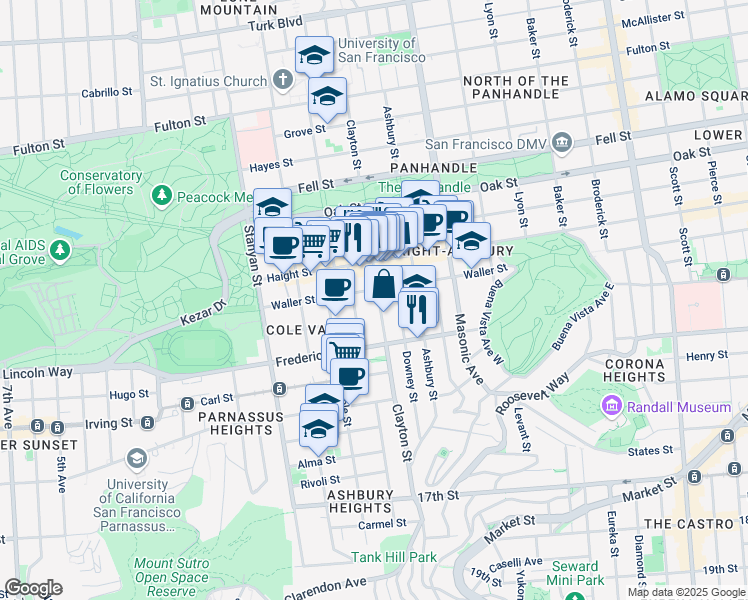 map of restaurants, bars, coffee shops, grocery stores, and more near 716 Clayton Street in San Francisco