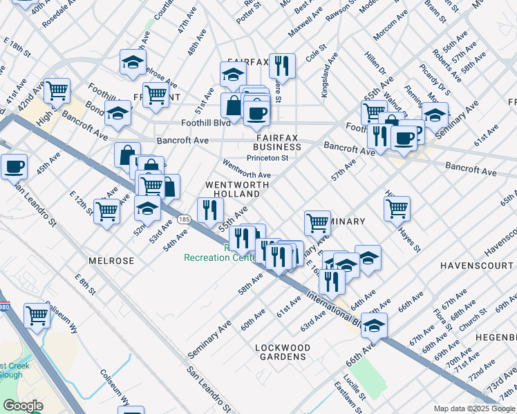 map of restaurants, bars, coffee shops, grocery stores, and more near 5535 East 17th Street in Oakland