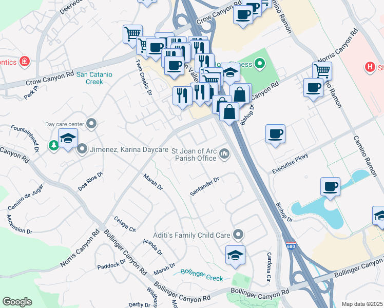 map of restaurants, bars, coffee shops, grocery stores, and more near 2689 Twin Creeks Dr in San Ramon