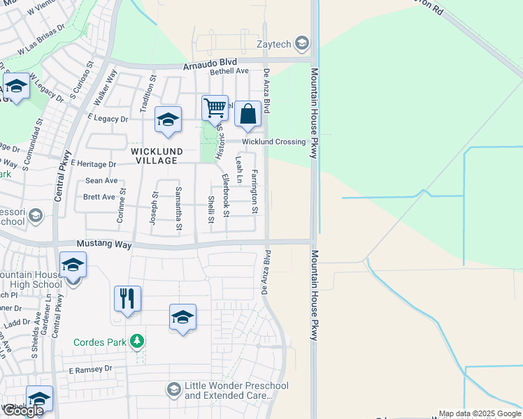 map of restaurants, bars, coffee shops, grocery stores, and more near 595 Burk Court in Mountain House