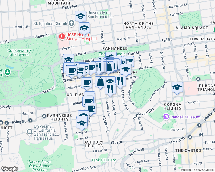 map of restaurants, bars, coffee shops, grocery stores, and more near 714 Ashbury Street in San Francisco