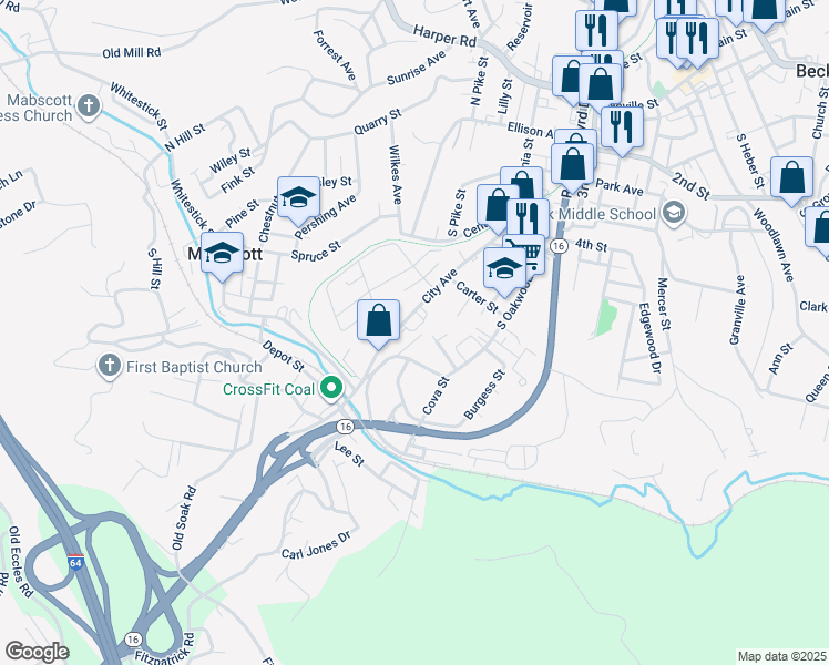 map of restaurants, bars, coffee shops, grocery stores, and more near 207 Charles Street in Beckley