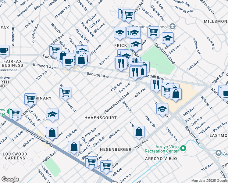 map of restaurants, bars, coffee shops, grocery stores, and more near 2550 65th Avenue in Oakland