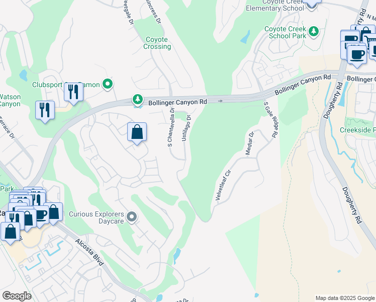 map of restaurants, bars, coffee shops, grocery stores, and more near 1295 Ustilago Drive in San Ramon