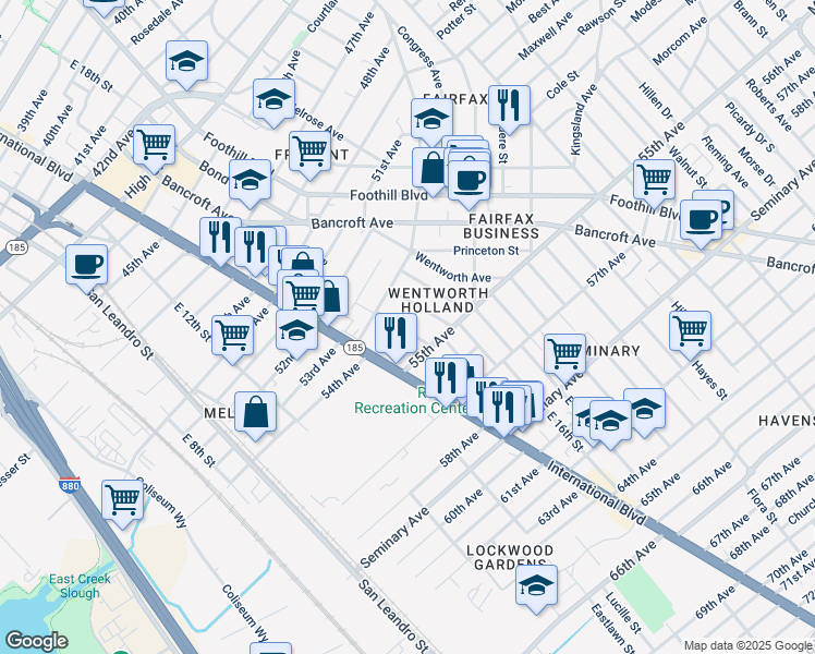 map of restaurants, bars, coffee shops, grocery stores, and more near 5456 Holland Street in Oakland