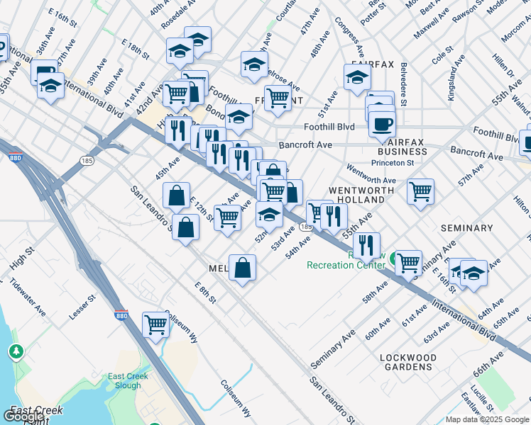 map of restaurants, bars, coffee shops, grocery stores, and more near 1342 51st Avenue in Oakland