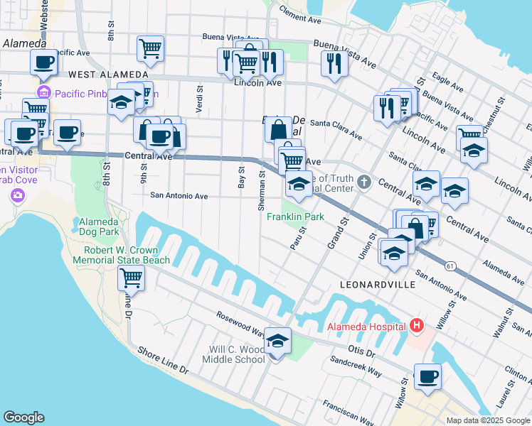 map of restaurants, bars, coffee shops, grocery stores, and more near 1236 Sherman Street in Alameda