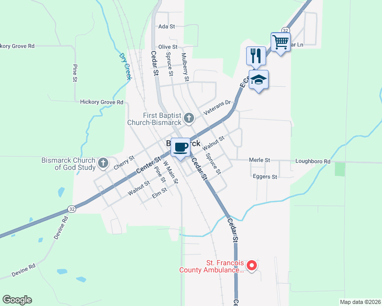 map of restaurants, bars, coffee shops, grocery stores, and more near 900 Cedar Street in Bismarck