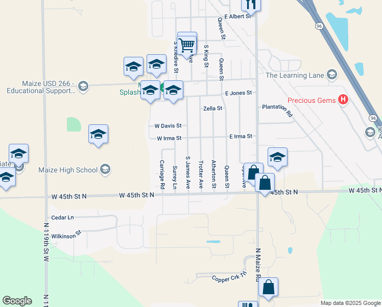 map of restaurants, bars, coffee shops, grocery stores, and more near 726 South James Avenue in Maize
