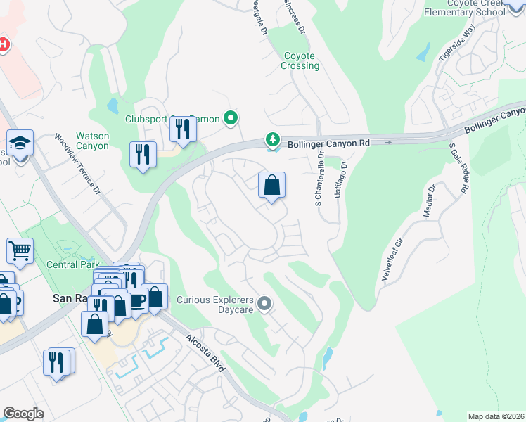 map of restaurants, bars, coffee shops, grocery stores, and more near 383 Eastridge Drive in San Ramon