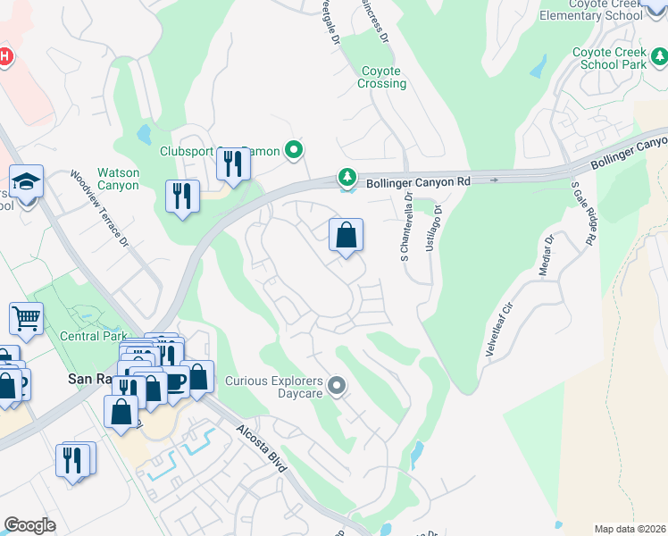 map of restaurants, bars, coffee shops, grocery stores, and more near 363 Eastridge Drive in San Ramon