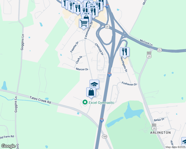 map of restaurants, bars, coffee shops, grocery stores, and more near 501 South Keeneland Drive in Richmond