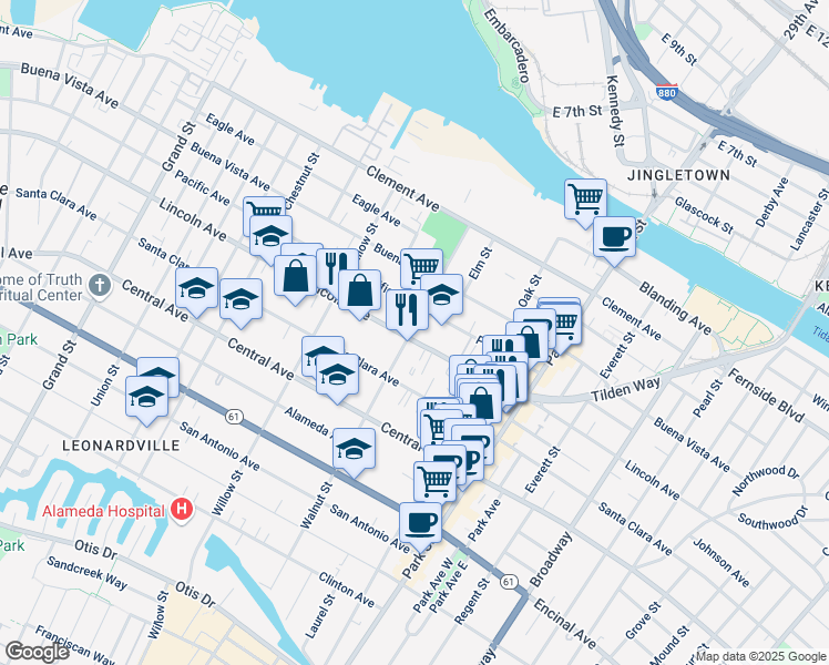 map of restaurants, bars, coffee shops, grocery stores, and more near 2171 Lincoln Avenue in Alameda