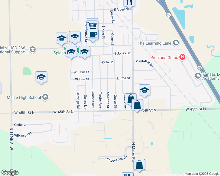 map of restaurants, bars, coffee shops, grocery stores, and more near 725 Atherton St in Maize