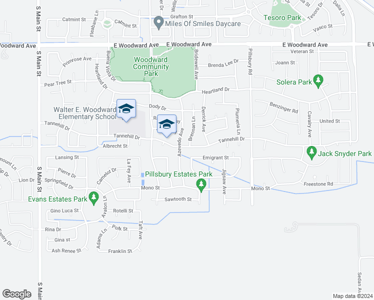 map of restaurants, bars, coffee shops, grocery stores, and more near 836 Tannehill Drive in Manteca