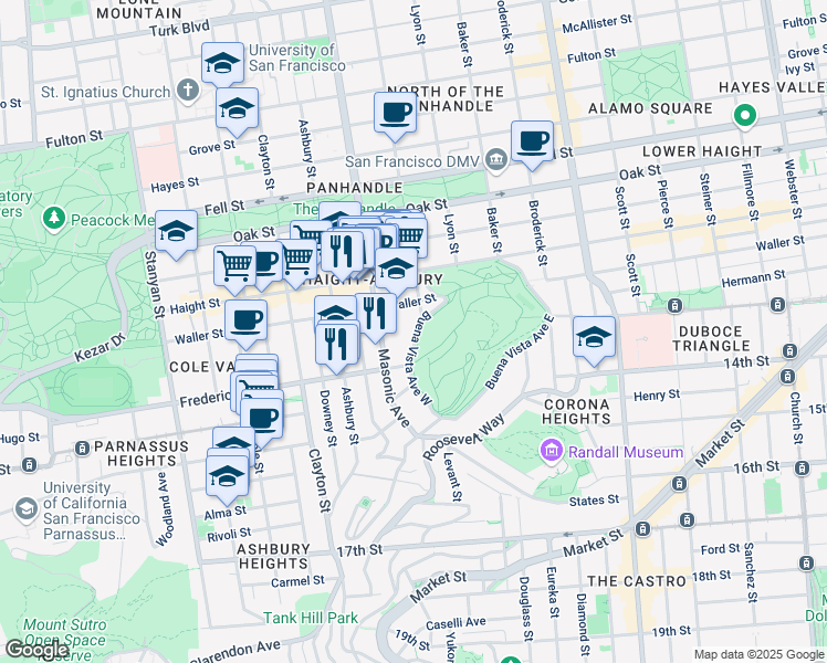 map of restaurants, bars, coffee shops, grocery stores, and more near 771 Buena Vista Avenue West in San Francisco