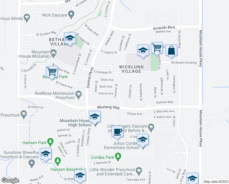 map of restaurants, bars, coffee shops, grocery stores, and more near 117 Felicia Avenue in Tracy