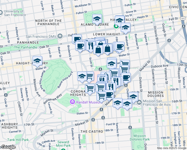 map of restaurants, bars, coffee shops, grocery stores, and more near 601 Duboce Avenue in San Francisco
