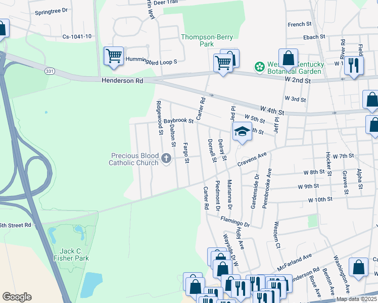 map of restaurants, bars, coffee shops, grocery stores, and more near 679 Fargo Street in Owensboro
