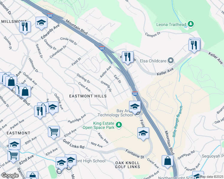 map of restaurants, bars, coffee shops, grocery stores, and more near 8016 Greenly Drive in Oakland