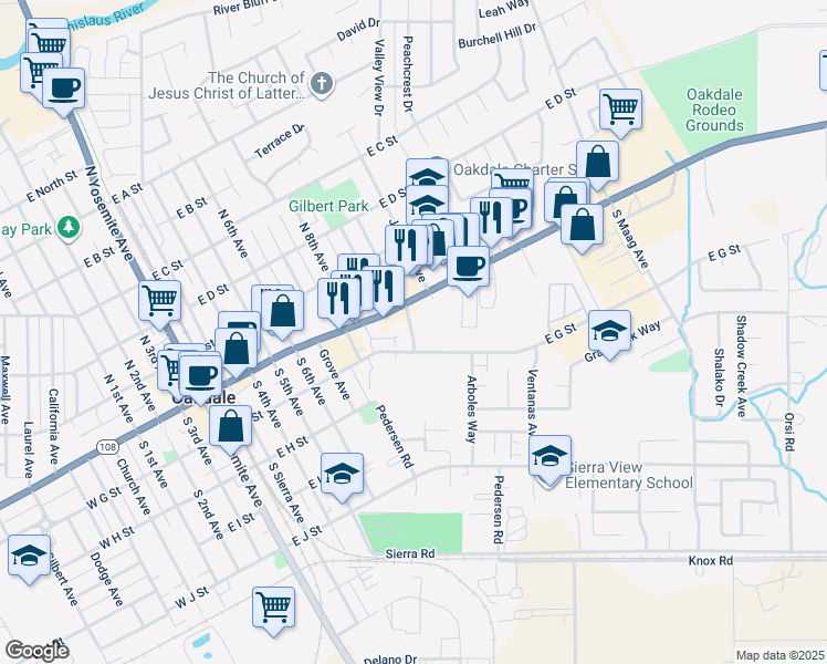 map of restaurants, bars, coffee shops, grocery stores, and more near 161 Hallman Lane in Oakdale
