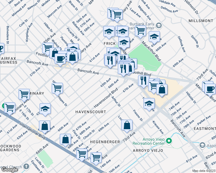 map of restaurants, bars, coffee shops, grocery stores, and more near 2550 65th Avenue in Oakland