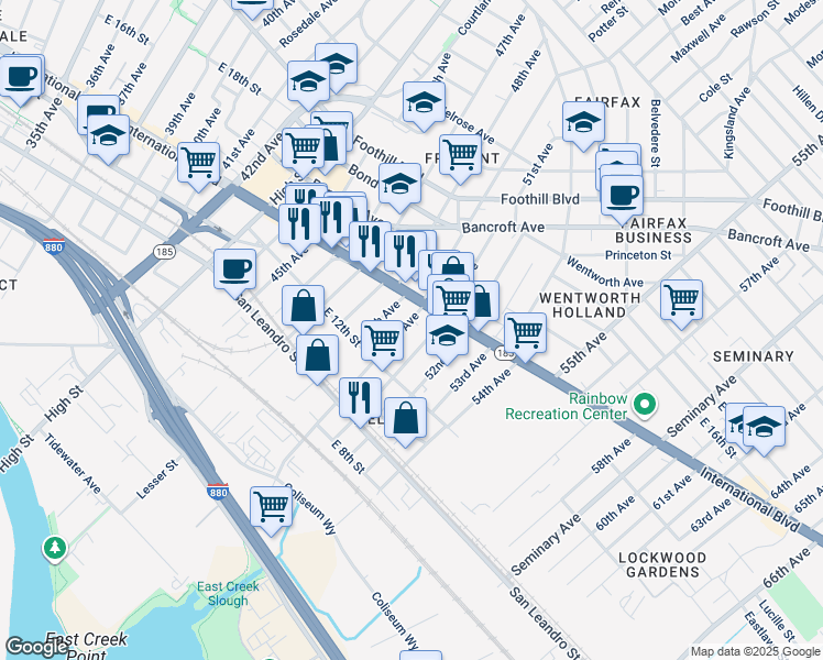 map of restaurants, bars, coffee shops, grocery stores, and more near 1300 50th Avenue in Oakland