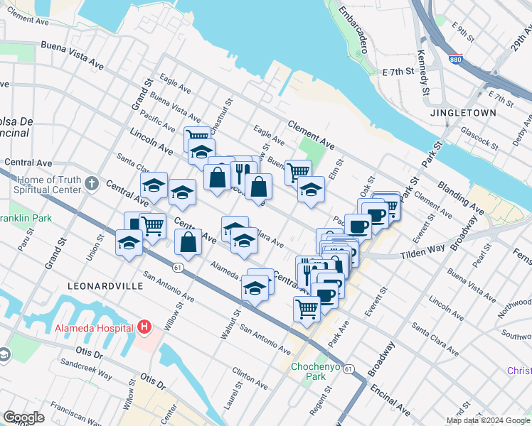 map of restaurants, bars, coffee shops, grocery stores, and more near 2136 Lincoln Avenue in Alameda